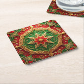 赤と緑の装飾的なホリデーペーパーコースター スクエアペーパーコースター (アングル)