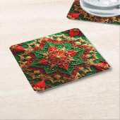 赤と緑の装飾的なホリデーペーパーコースター スクエアペーパーコースター (アングル)