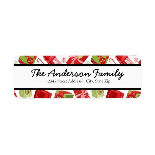 赤と緑の贈り物 – 差出人住所ラベル ラベル (正面)