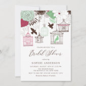 赤と緑の遊び心のある鳥かご ブライダルシャワー 招待状 (正面)