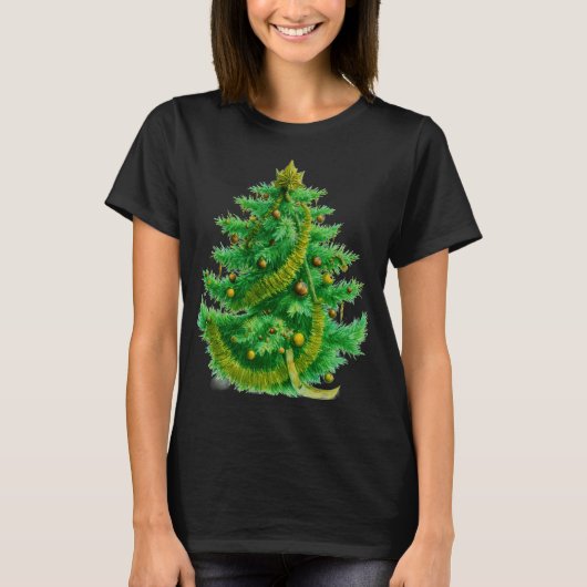 赤と緑の電球のマンデルブロ・クリスマスツリー Tシャツ (正面)
