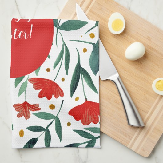 赤と緑の魔法の庭の水色の花 キッチンタオル (四つ折り)