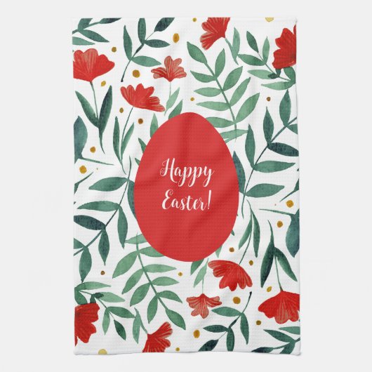 赤と緑の魔法の庭の水色の花 キッチンタオル (縦)