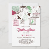 赤と緑の鳥のケージフローラカップルのシャワー 招待状 (正面)