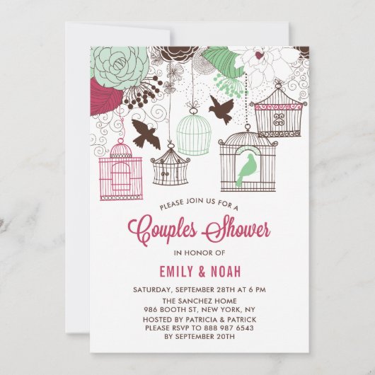 赤と緑の鳥のケージフローラカップルのシャワー 招待状 (正面)