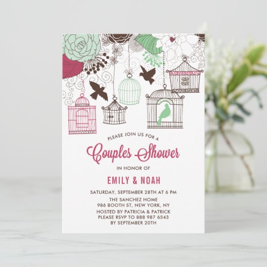 赤と緑の鳥のケージフローラカップルのシャワー 招待状 (スタンド正面)
