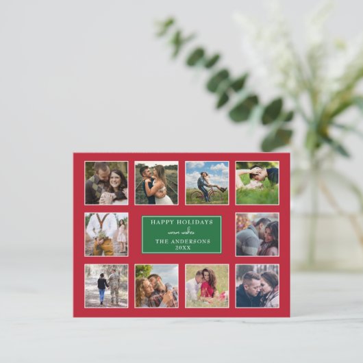 赤と緑の10フォトモダンコラージクリスマス ポストカード (スタンド正面)