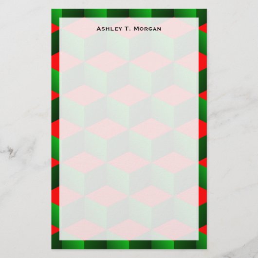 赤と緑の3Dルックキューブのクリスマスエンベローファンシープ 便箋 (正面)