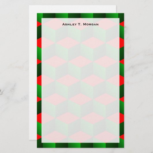赤と緑の3Dルックキューブのクリスマスエンベローファンシープ 便箋 (正面/裏面)