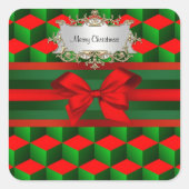 赤と緑の3Dルックキューブのリボンクリスマス スクエアシール (正面)
