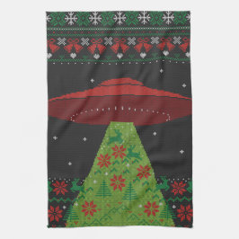 赤と緑のUFOトラクタービーム醜いクリスマス キッチンタオル