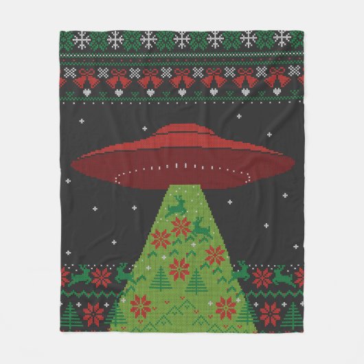 赤と緑のUFOトラクタービーム醜いクリスマス フリースブランケット (正面)