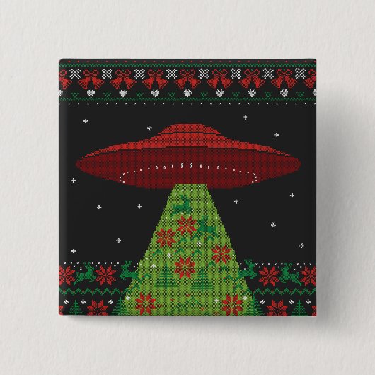 赤と緑のUFOトラクタービーム醜いクリスマス 缶バッジ (正面)