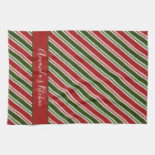 赤と緑ストライプのパーソナライズされたクリスマス キッチンタオル (横)