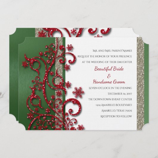赤と緑ファンシーのクリスマス結婚式招待状 招待状 (正面/裏面)