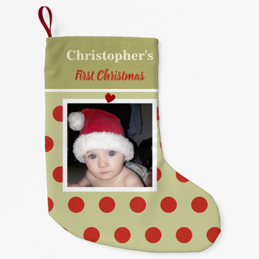 赤と緑、写真と名前の最初 スモールクリスマスストッキング (正面)