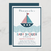 赤と航海の青のボート赤ちゃんシャワー 招待状 (正面/裏面)