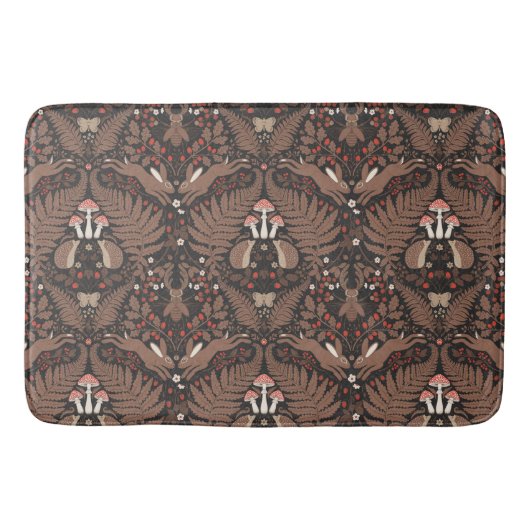 赤と茶色の森林動物と植物 バスマット (正面)