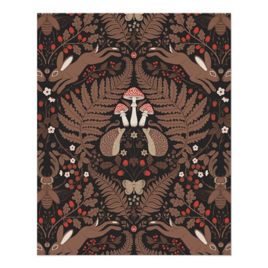 赤と茶色の森林動物と植物 ポスター (正面)