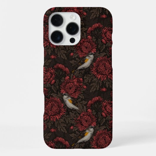 赤と茶色の菊とジョウビタキ iPhoneケース (裏面)