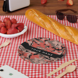 赤と茶色の迷彩自分の名前をパーソナライズ ペーパープレート