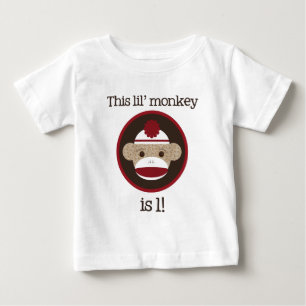赤と茶色の靴下モンキー:最初の誕生日ティー ベビーTシャツ