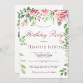 赤と赤面ピンクローゼズガーデンバースデーパーティー 招待状 (正面/裏面)