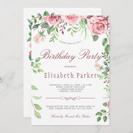 赤と赤面ピンクローゼズガーデンバースデーパーティー 招待状 (正面/裏面)