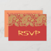 赤と金のインドのダマスク RSVP (正面/裏面)