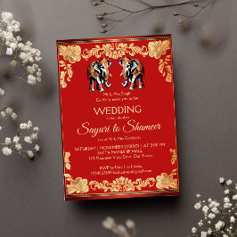 赤と金のインドの結婚式の象のテンプレート 招待状