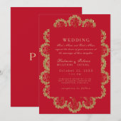 赤と金のインドスタイルのモノグラム結婚式 招待状 (正面/裏面)