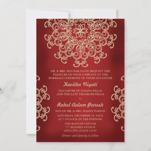 赤と金のインドスタイルの結婚式招待状 招待状 (正面)
