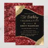 赤と金のウィンターシークイン 21歳の誕生日 招待状 (正面/裏面)