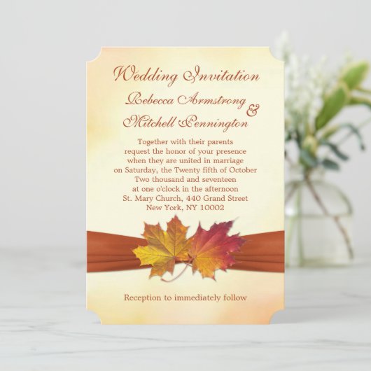 赤と金のカエデの葉結婚式招待状 招待状 (スタンド正面)