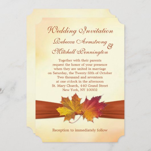 赤と金のカエデの葉結婚式招待状 招待状 (正面/裏面)