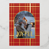 赤と金のギンガム柄のクリスマスホリデー写真 箔シーズンカード (正面)