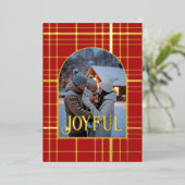 赤と金のギンガム柄のクリスマスホリデー写真 箔シーズンカード (立ち正面)