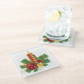赤と金のクリスマスオーナメントとシダのキャンドル ガラスコースター (アングル)