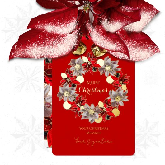 赤と金のクリスマスポインセチアのリースのホイル 箔シーズンカード