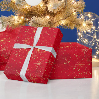赤と金のクリスマス星とキラキラ模様 ラッピングペーパー