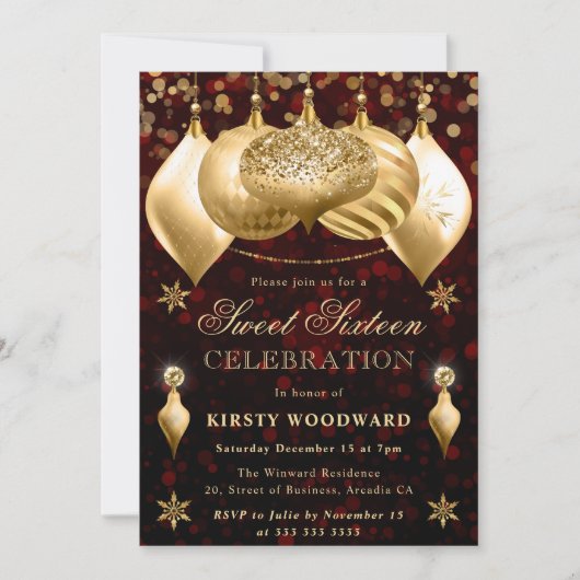 赤と金のグリッターが煌くスイート16 招待状 (正面)