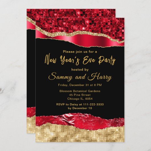 赤と金のグリッター ティアーズ 新年の夜のParty 招待状 (正面/裏面)