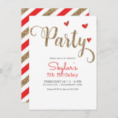 赤と金のグリッター ハート バレンタインデーパーティー 招待状 (正面/裏面)