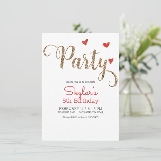 赤と金のグリッター ハート バレンタインデーパーティー 招待状 (スタンド正面)