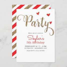 赤と金のグリッター ハート バレンタインデーパーティー 招待状