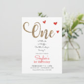赤と金のグリッター ハート 1歳の誕生日 ワン ご招待 招待状 (スタンド正面)