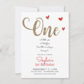 赤と金のグリッター ハート 1歳の誕生日 ワン ご招待 招待状 (正面)