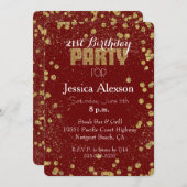 赤と金のコンフェッティグリッター 21歳の誕生日 招待状 (正面/裏面)