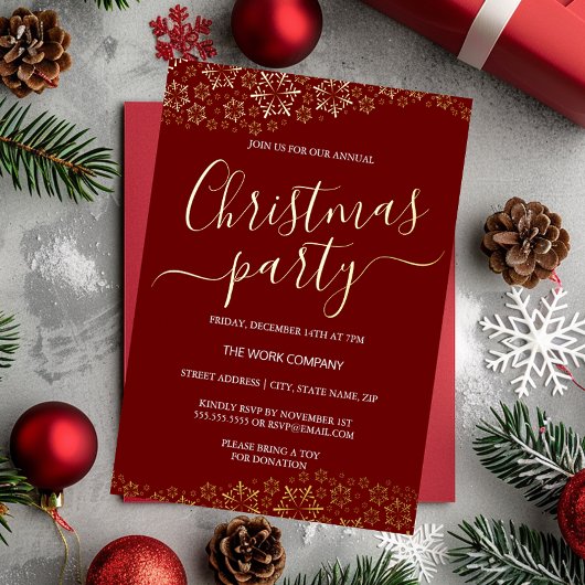 赤と金のスノーフレーク 企業クリスマスパーティー 箔招待状