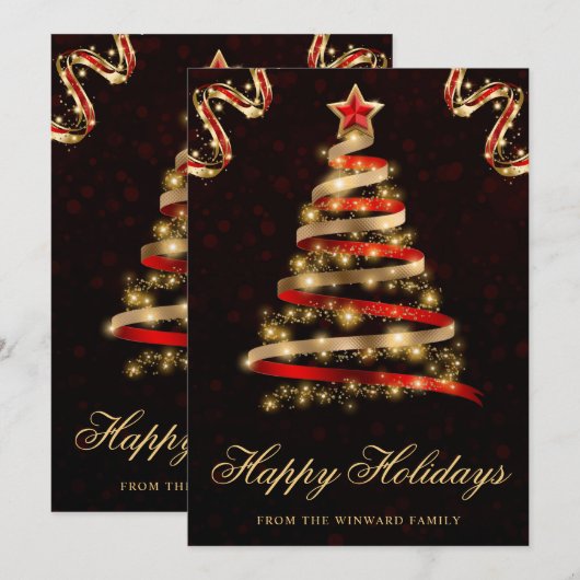赤と金のスパンコールリボンのクリスマスツリー シーズンカード (正面/裏面)